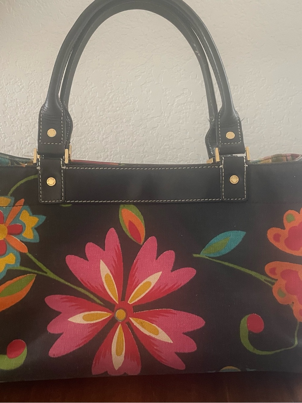 kate spade Black Floral Canvas Tote with Pink & Multicolor Print